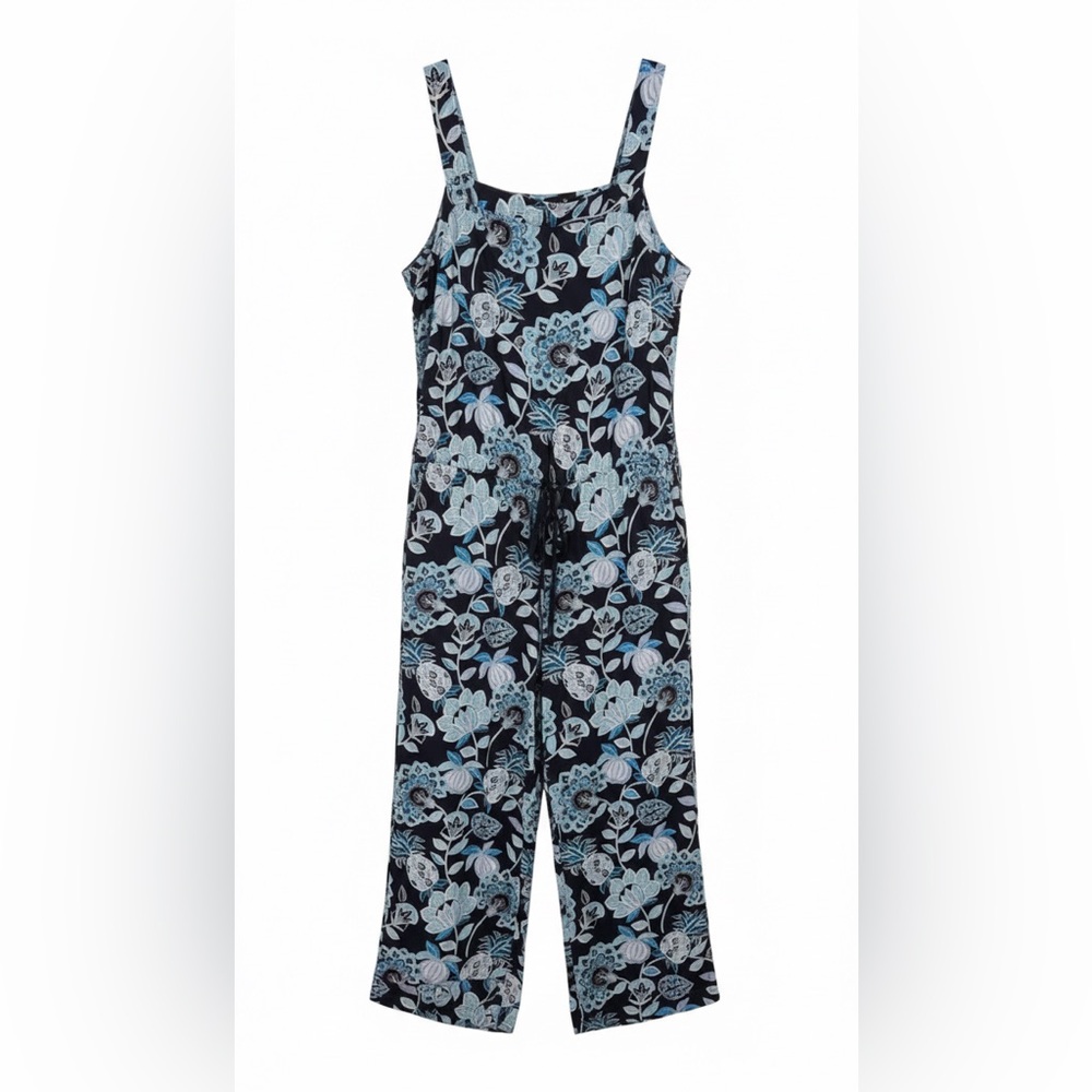 LOFT Petite Blue Floral Sleeveless Jumpsuit Size 10P Wide Leg Cropped